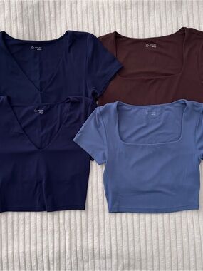 Offline by Aerie Scoop & V-Neck Crop Tops - Navy Blue, Brown, Dusty Blue